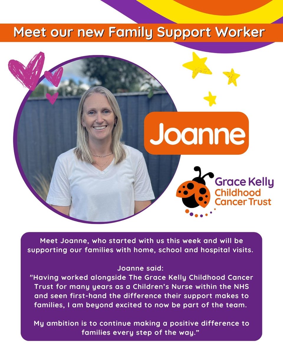 GraceKellyTrust's tweet image. Please join us in wishing a warm welcome to Joanne, who starts with us this week. We look forward to working with you 😊 💜

#FamilySupport #SupportWorker #ChildCancerSupport #GraceKellyTrust  #GKCCT  #ChildhoodCancerAwareness