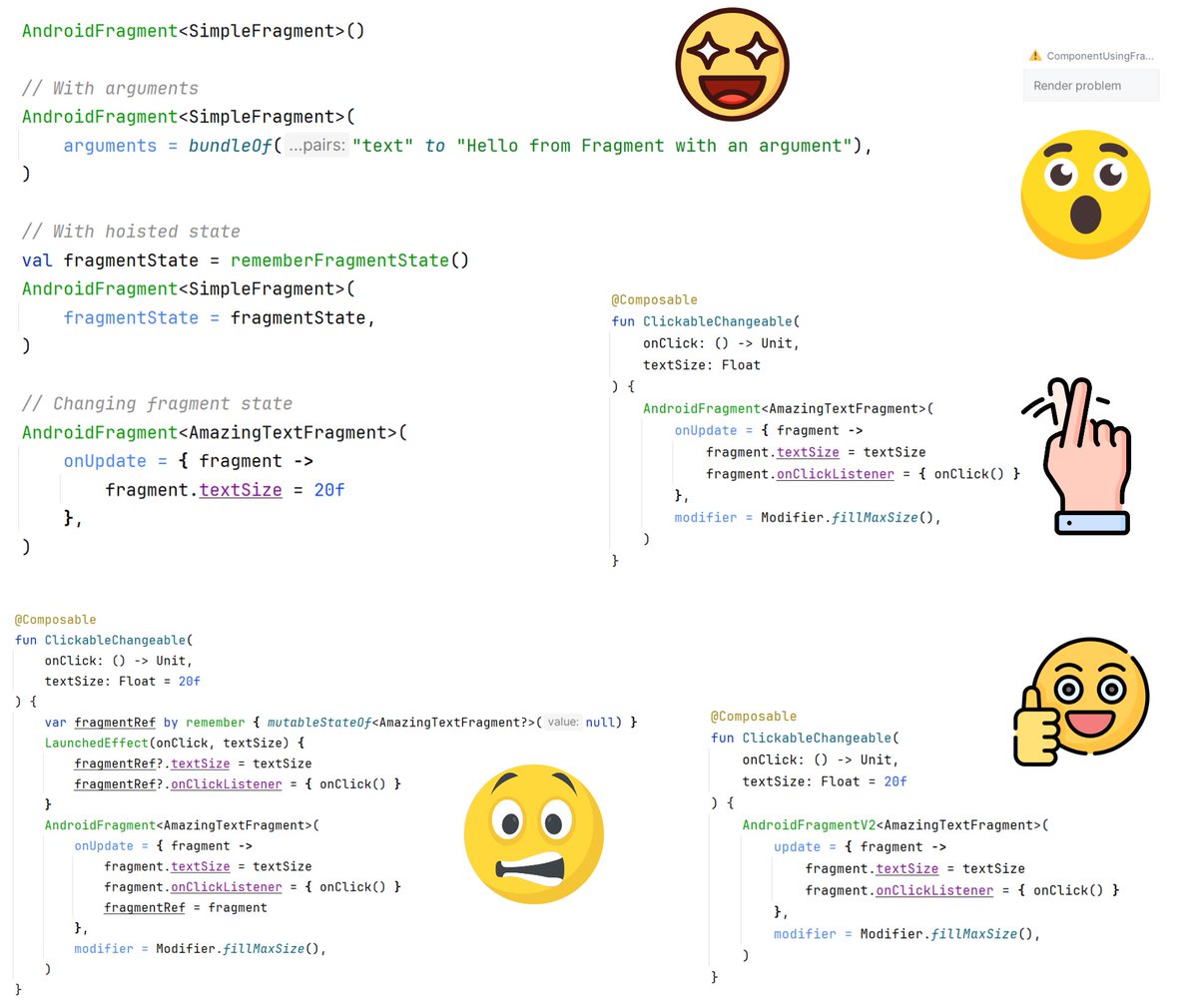 ktdotacademy's tweet image. The simplest way to display Android fragment in Compose is using AndroidFragment, which looks amazing, but has two dirty secrets you must know before using it. 🤫