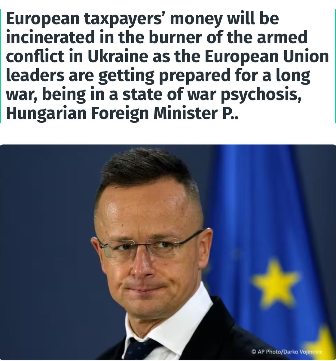 🔴 Péter Szijjártó : 

“L’argent des contribuables européens sera englouti dans le brasier du conflit armé en Ukraine, car les dirigeants de l’UE, pris d’une psychose belliqueuse, se préparent à une guerre prolongée, a déclaré Szijjártó.”

L’Union européenne cherche à couper les