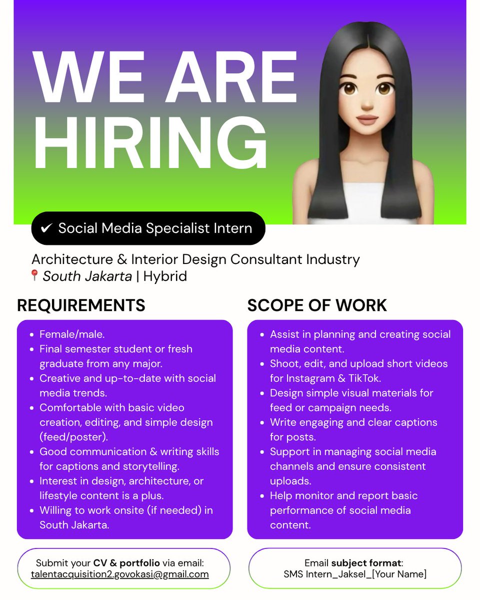 sipetify's tweet photo. Hi! Aku ada info loker untuk Social Media Specialist Intern (Jaksel &amp; Alam Sutera), Freelance SEM Specialist, &amp; Freelance Tech Project Manager. For those interested, kindly send your CV &amp; portfolio ke email yang tertera or DM me yaa. Thank youu!

#InfoLoker #Magang #Freelance https://t.co/x4ieYc0WeX