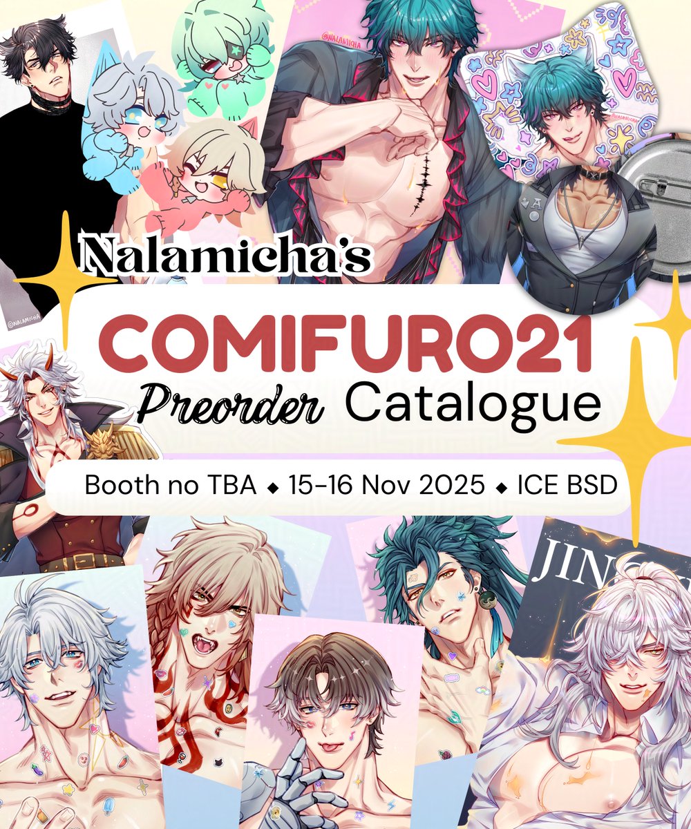Nalamicha's tweet image. [💖&amp;amp;🔁 thanks!] repost

Nalamicha #COMIFURO21 PREORDER OPEN‼️
+Giveaway🇮🇩

🗓️ Ends 15th Oct ‘25

&amp;lt; Wuthering Waves, Genshin, HSR etc. &amp;gt;
✅ OTS Pick-up both days
📍 Booth no TBA
📦 Mail Order
🗺️ Worldwide shipping*

#cf21 #cf21catalogue

[1/3]