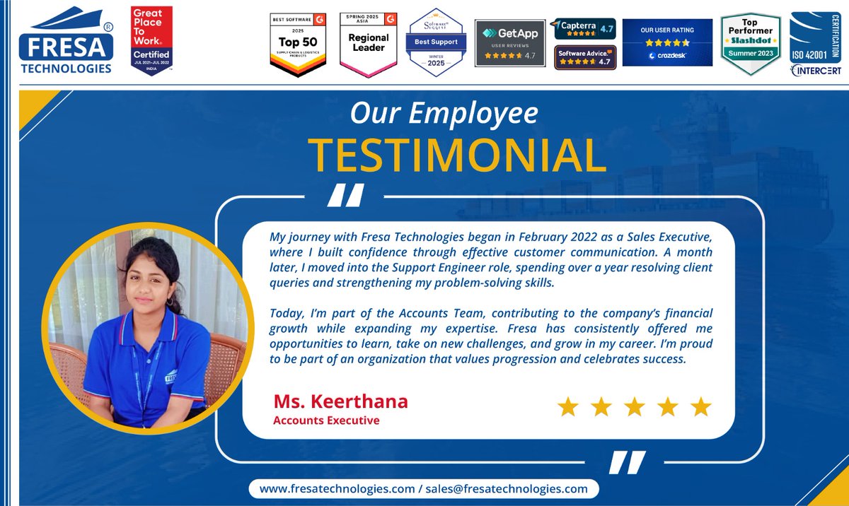 fresatechnology's tweet image. Our Employee Testimonial 👨‍💻

🔗 Visit us: fresatechnologies.com

#FresaTechnologies #FreightForwarding #ERPforLogistics