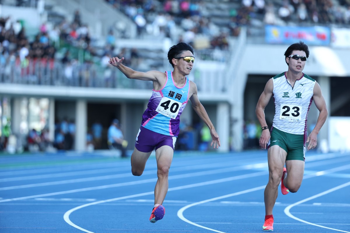 #滋賀国スポ
成年男子100m（0.3）
🥇黒木海翔（福岡・中大）10秒17！！
東福岡高3年時にマークした自己記録を2年ぶりに0.02秒更新🔥
🥈守祐陽（千葉・大東大）10秒21
🥉林哉太（三重・ノジマ）10秒26
4）山縣亮太（広島・セイコー）10秒29