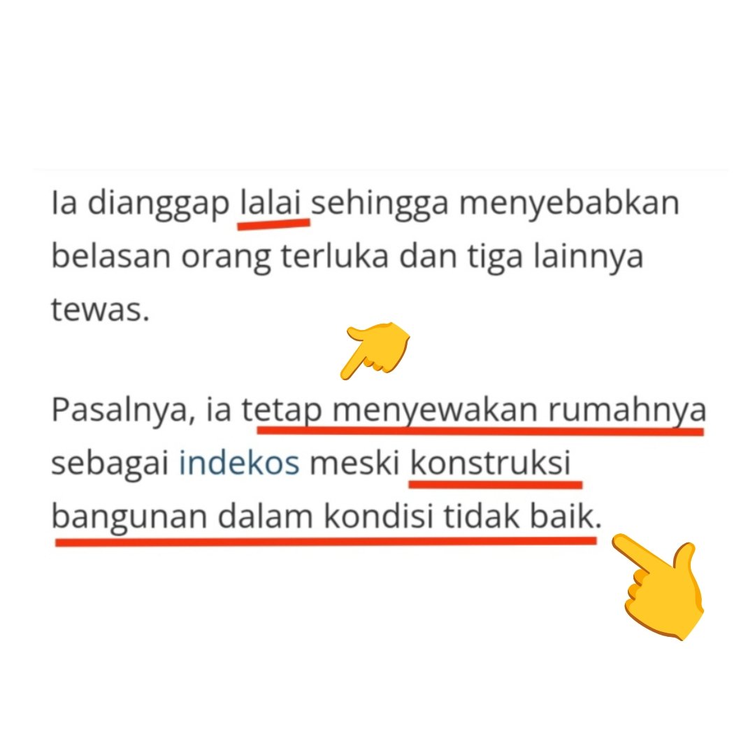 gumpnhell's tweet photo. Awal 2019 ada kasus indekos ambruk di Johar Baru, Jakarta Pusat. Korban meninggal 3 orang. Pemiliknya jd tersangka krn ngebiarin bangunannya dipake meski kondisi konstruksinya tidak baik. 🙃

https://t.co/kGHOWhZhDD https://t.co/BcLp4xr0VQ