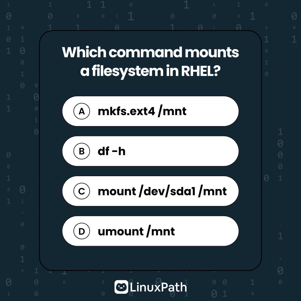 LinuxPath's tweet image. 🌎 Official website: linuxpath.org

Quiz time 💾
Which command mounts a filesystem in RHEL?

👉 Drop your answer in the comments 👇 Swipe for the answer!

#RHCE #LinuxCommands #RHCSA #SysAdminLife #RHCEExam #LinuxAdmin #LinuxTips #ExamPrep #RHCEJourney #StudyMotivation
