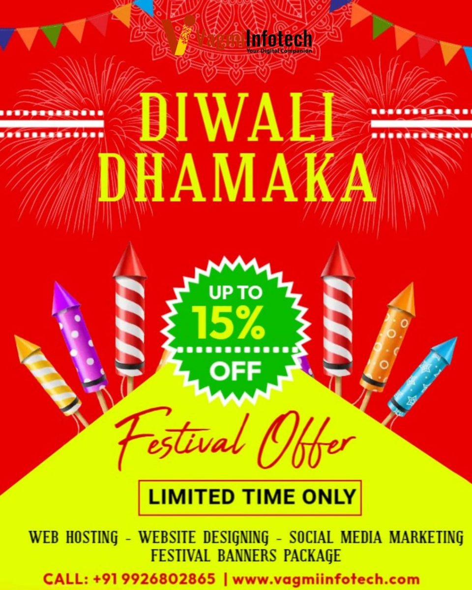 VagmiServices's tweet photo. ✨ Diwali Dhamaka Offer by Vagmi Infotech! ✨

💥 Get up to 15% OFF on all services — from Website Designing, Web Hosting, Social Media Marketing to Festival Banner Packages!

📞 Call: +91 9926802865
🌐 Visit: https://t.co/GOsJWLDsP5 https://t.co/VkBhiri2Lt