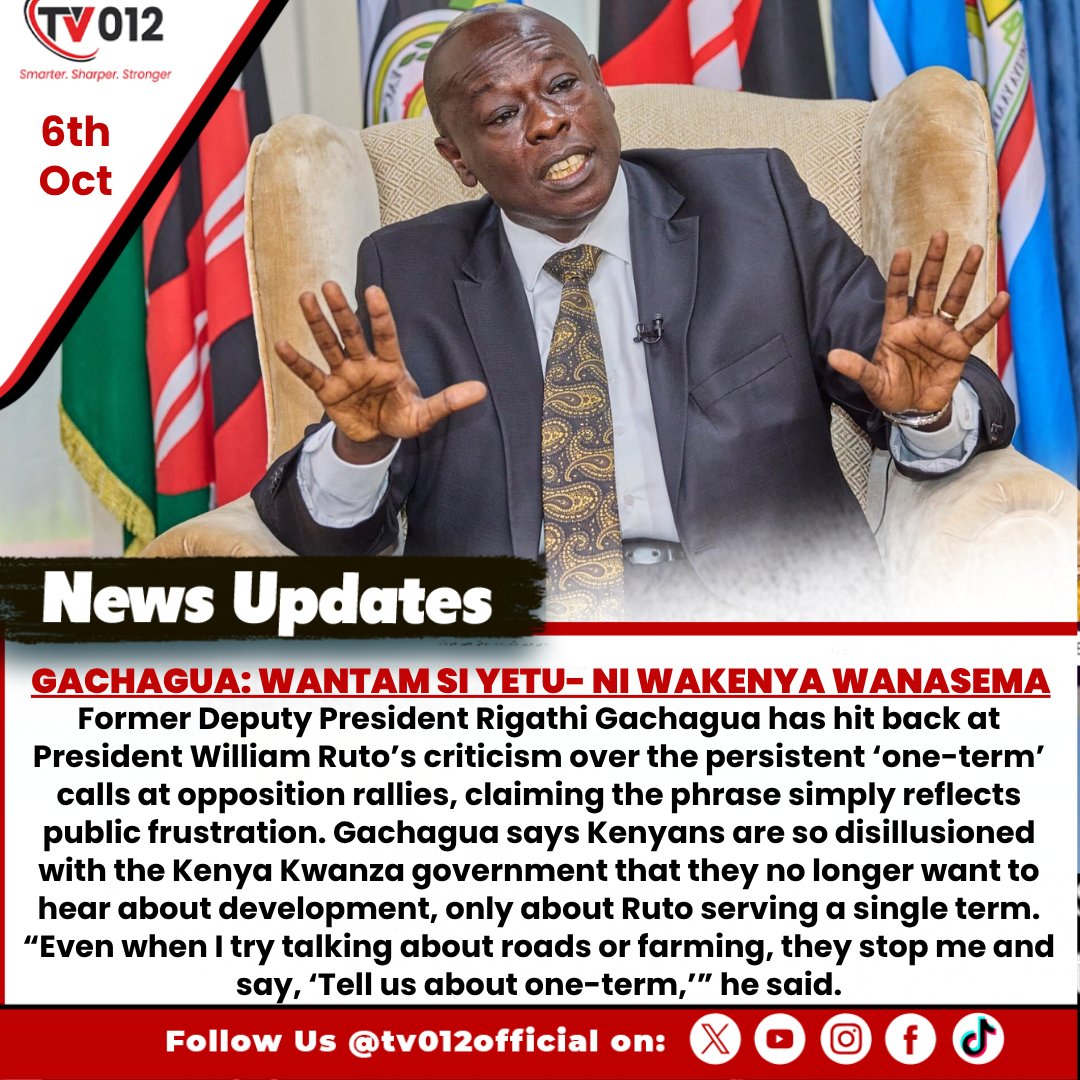 tv012official's tweet image. Gachagua: WANTAM SI YETU- NI WAKENYA WANASEMA

#Gachagua #OneTerm #KenyaPolitics #2027Elections #RiggyG #tv012newsupdate