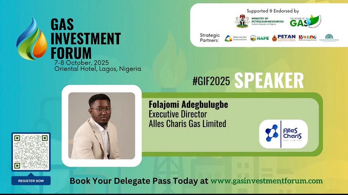 AllesCharis's tweet photo. We’re proud to announce that our Executive Director, Folajomi Adegbulugbe, will speak at the Gas Investment Forum 2025 West Africa’s premier natural gas conference, holding Oct 7–8 at Oriental Hotel, Lagos.
You definitely don’t want to miss it🤩

#allescharisgas #gasinvestment https://t.co/PsLQw2fW27
