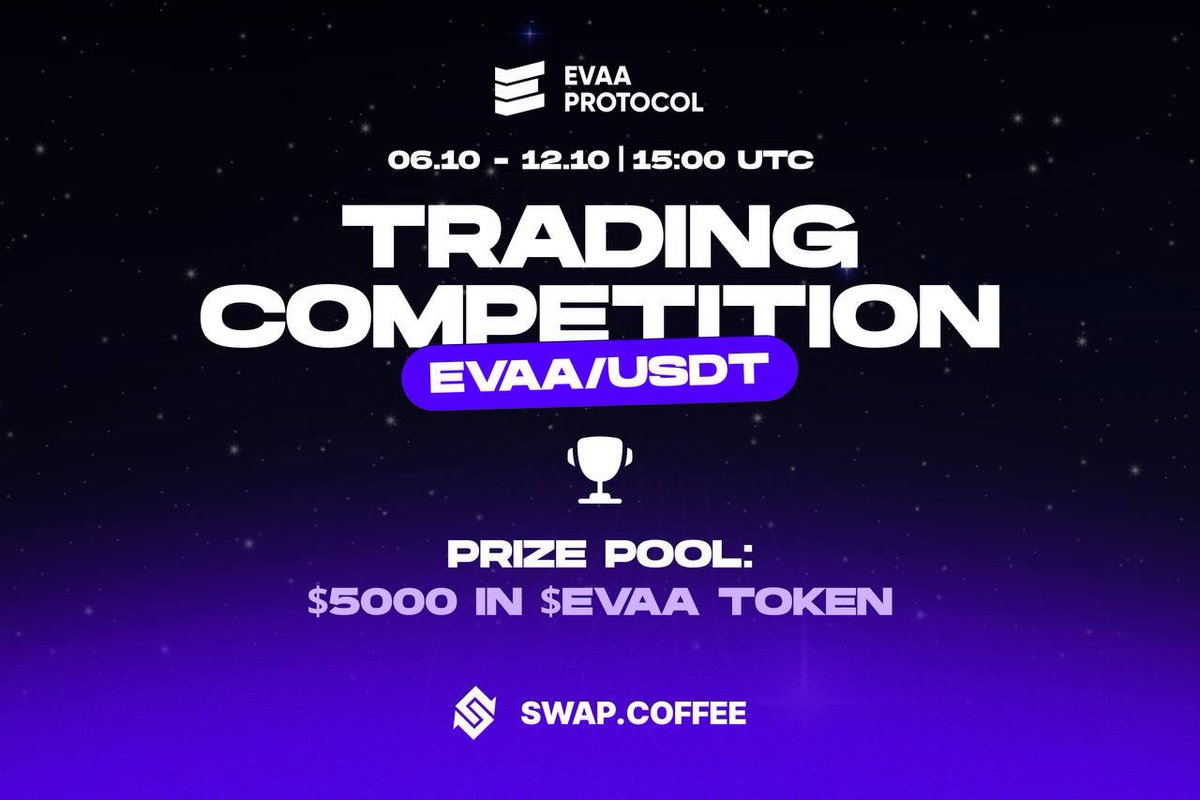 evaaprotocol's tweet image. ☕️ Ready for the EVAA x swap.coffee Trading Competition? 

The competition kicks off on October 6, 15:00 UTC and runs until October 12, 15:00 UTC.

💰 Prize pool: $5,000 in $EVAA!

🏆Top 30 traders by volume share $4,800 of $EVAA.

🎲 10 random participants get $20…