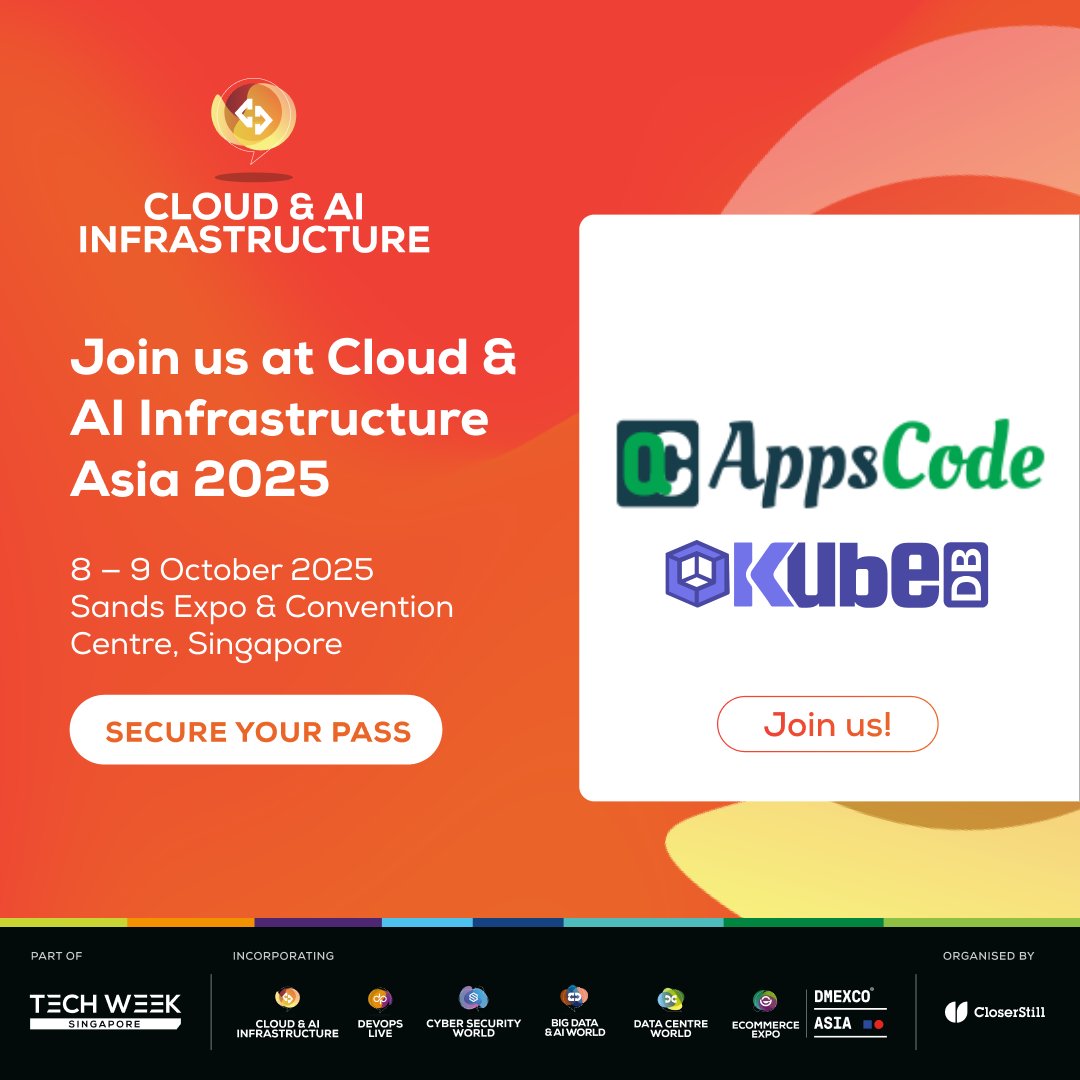 AppsCodeHQ's tweet image. 🚀 AppsCode is joining Cloud & AI Infrastructure Asia 2025!
Discover how KubeDB Managed DBaaS simplifies databases on Kubernetes and explore our DevOps, AI Infrastructure, and SRE services.
💡If you’re looking for any such solutions, come visit us!
#AppsCode #KubeDB #Cloud&AI