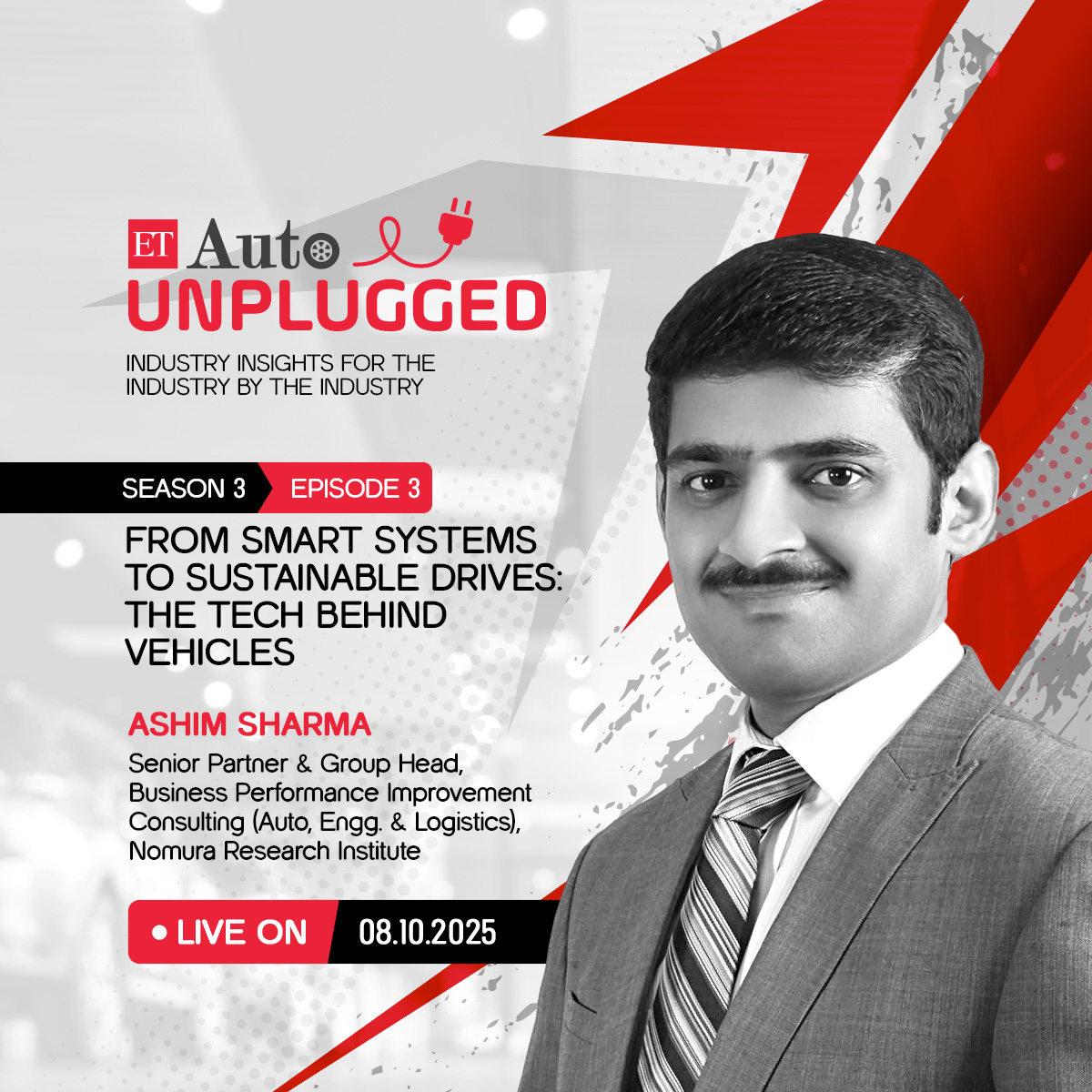 ETAuto's tweet image. 🚘 All set for Episode 3 of ETAuto Unplugged- Season 3!

📅 Oct 8, 2025 (Wednesday)
⏰ 12:00 Noon

Stay tuned to ETAuto for insights that drive the future of mobility!

@ArunMalhotra_07 @Nomura #TechTalk #GreenMobility #SmartSystems #ETAuto