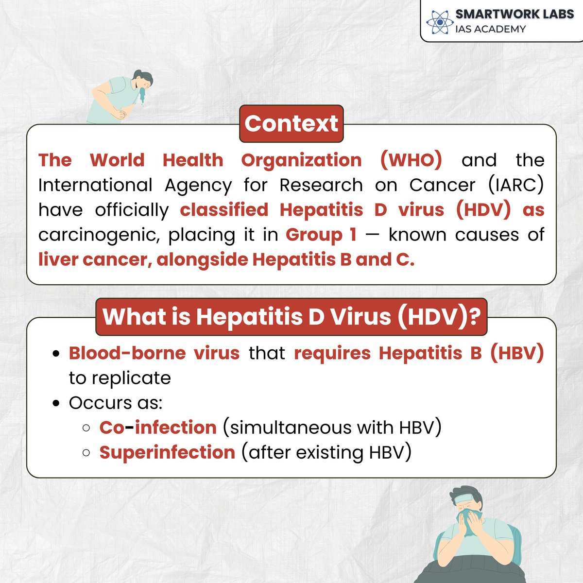 Smartwork_Labs's tweet image. 🦠 WHO classifies Hepatitis D virus (HDV) as carcinogenic (Group 1) — joining Hepatitis B &amp;amp; C as known causes of liver cancer; prevention possible only via HBV vaccination.

#HepatitisD #HDV  #UPSC2026 #UPSC2027 #UPSCPreparation #SmartworkLabs #UPSCMotivation #WHO #PublicHealth