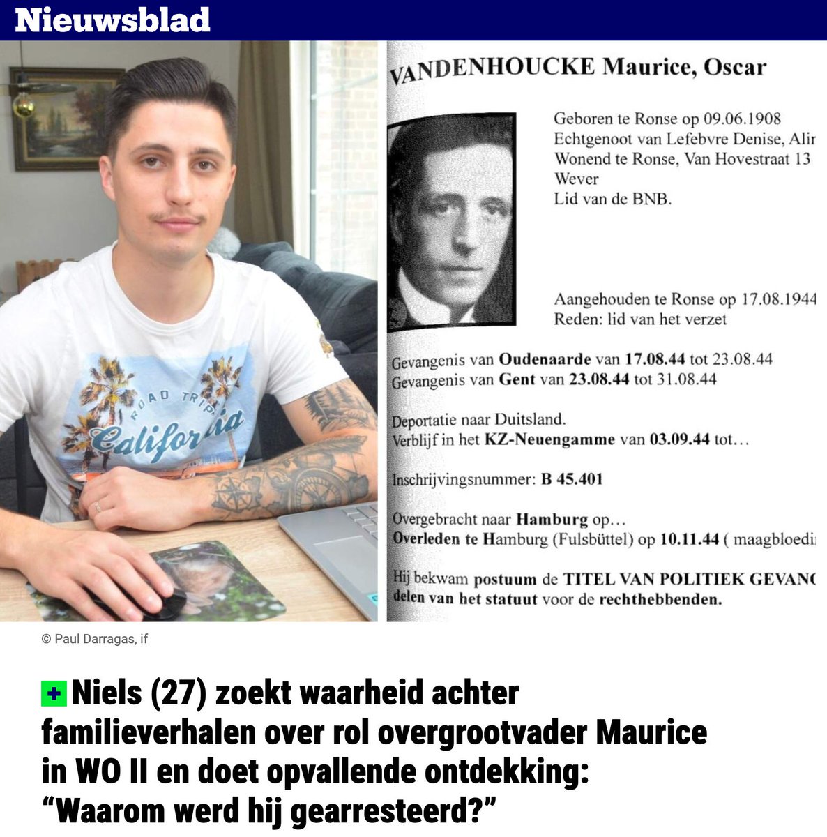 danyneudt's tweet photo. Ondertussen weet Niels dat zijn overgrootvader als verzetsman gearresteerd werd en in concentratiekamp Neuengamme overleed. Maar over zijn verzetsdaden en zijn overlijden blijven nog veel vragen open. Wie helpt Niels mee in zijn zoektocht? Mailen niels.vandenhoucke@gmail.com 🙏 https://t.co/uUAJqzDqAF