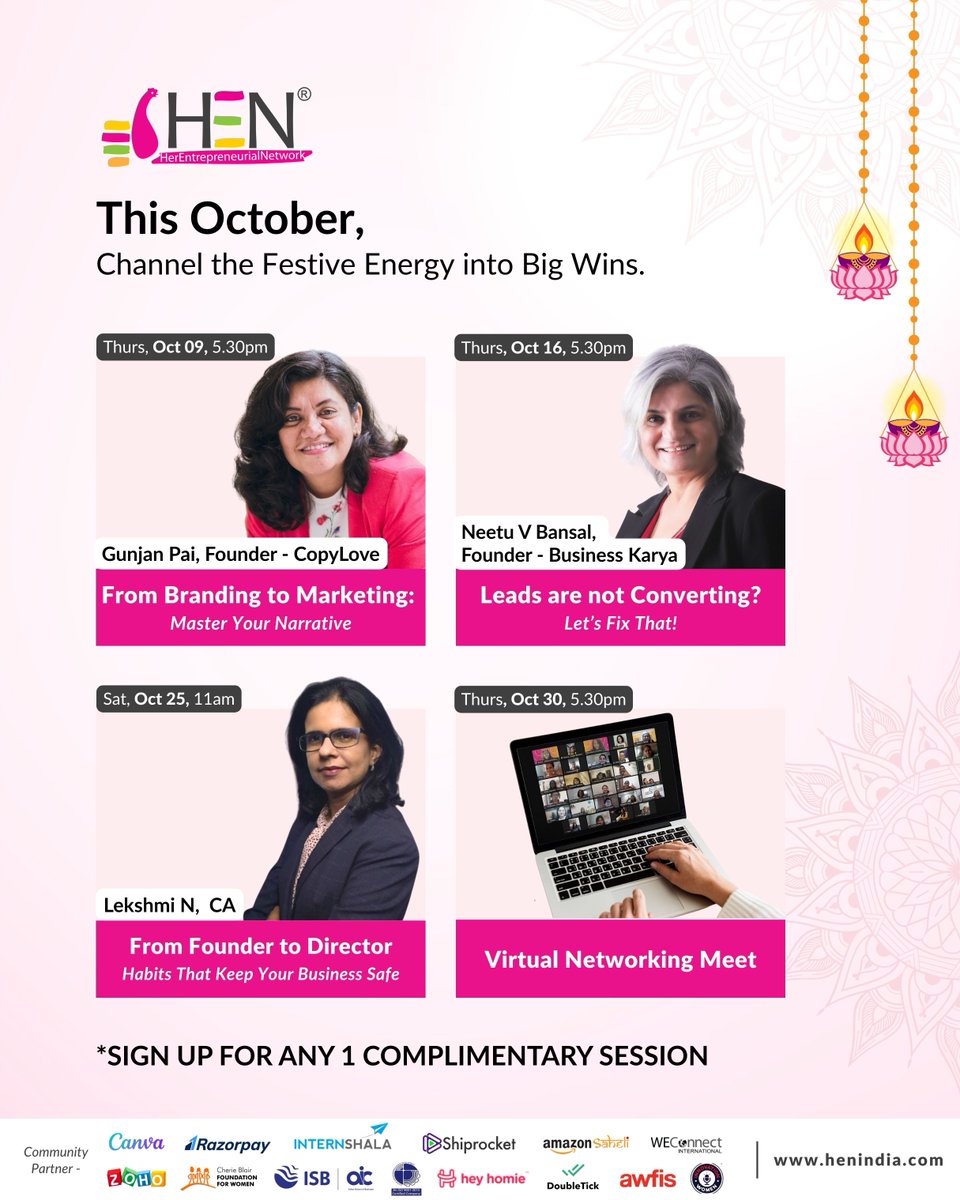 hen_india's tweet photo. This Oct #HENIndia brings clarity, confidence &amp; community for women founders!
🌸 Oct 9: Branding → Marketing w/ @gunjan_copylove
💼 Oct 16: Fix Your Funnel w/ @neetuvbansal
📊 Oct 25: Founder → Director w/ @financewithlekshmi
🤝 Oct 30: Virtual Networking w/ @priyanka_changia https://t.co/OnEMM2cJWs