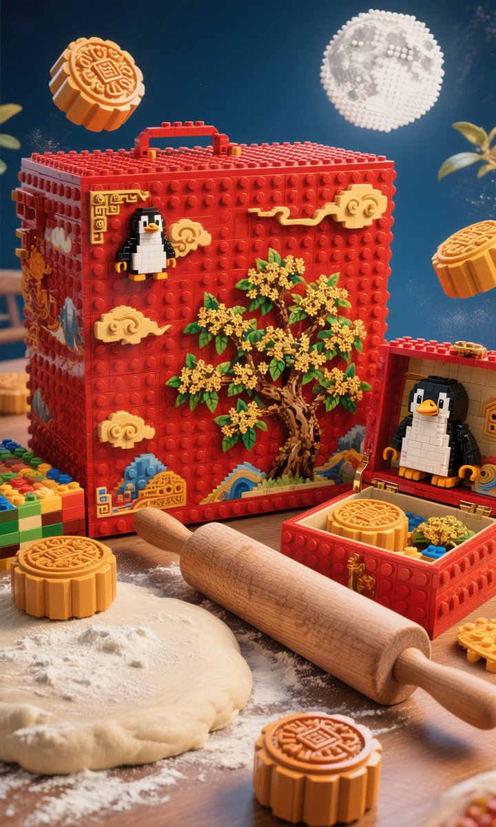 TencentHunyuan's tweet image. 🥮 We challenged HunyuanImage 3.0 to design creative images for Mid-Autumn Festival, focusing on unique mooncake concepts.

These images show the model&apos;s advanced rendering power, seamlessly integrating the Tencent Penguin mascot into custom mooncake molds, packaging, and LEGO…
