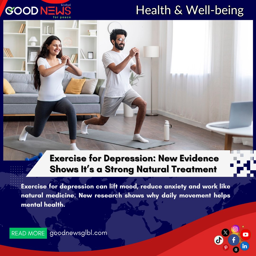 goodnewsglbl's tweet photo. New studies show that exercise works like natural medicine for depression. Even light daily activity can lift your mood, lower anxiety and improve your overall mental health.

#ExerciseForDepression #MentalHealth #NaturalHealing #Wellness #HealthyMind #GoodNewsGlobal https://t.co/trB6Tgcg0F