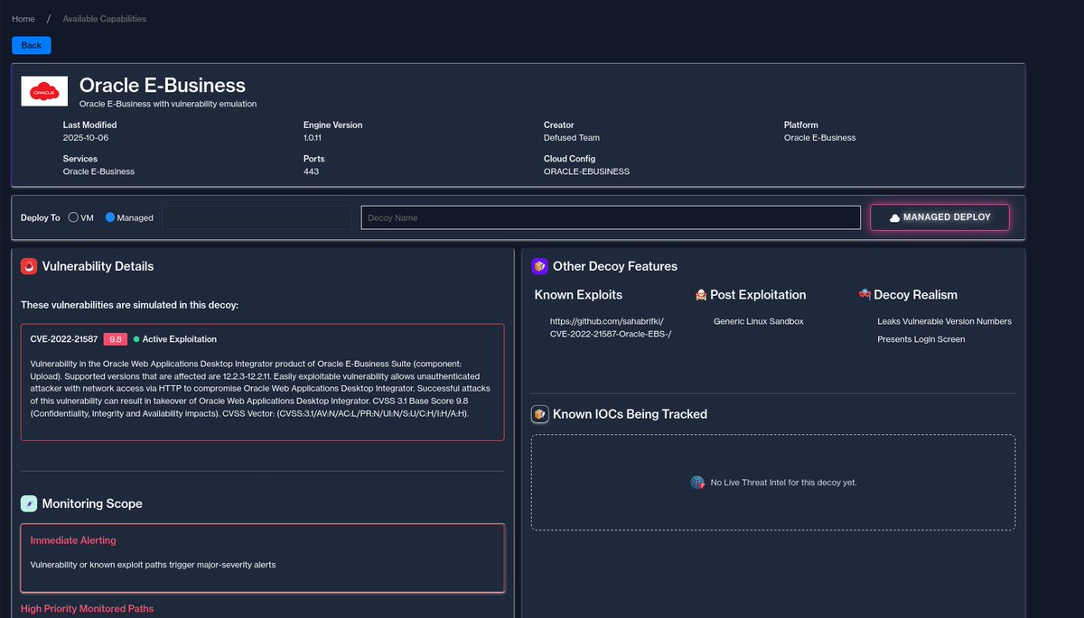 0-Day Alert 🚨

Actor exploiting Oracle E-Business Suite zero-day (CVE-2025-61882). Exploitation has been confirmed and patches are available now. 

No PoC observed as of today.

We have added an Oracle E-Business honeypot for Defused Free users for a limited time - take