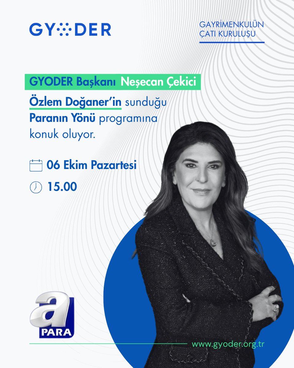 GYODER (@gyoderonline) on Twitter photo GYODER Başkanı <a href="/NesecanC/">Nesecan Cekici</a>, <a href="/apara_tv/">A Para</a>’de <a href="/ozlemdoganer/">Özlem Doğaner</a>'in sunduğu Paranın Yönü programına konuk oluyor.
#gyoder #neşecançekici #gayrimenkul GYODER Başkanı <a href="/NesecanC/">Nesecan Cekici</a>, <a href="/apara_tv/">A Para</a>’de <a href="/ozlemdoganer/">Özlem Doğaner</a>'in sunduğu Paranın Yönü programına konuk oluyor.
#gyoder #neşecançekici #gayrimenkul