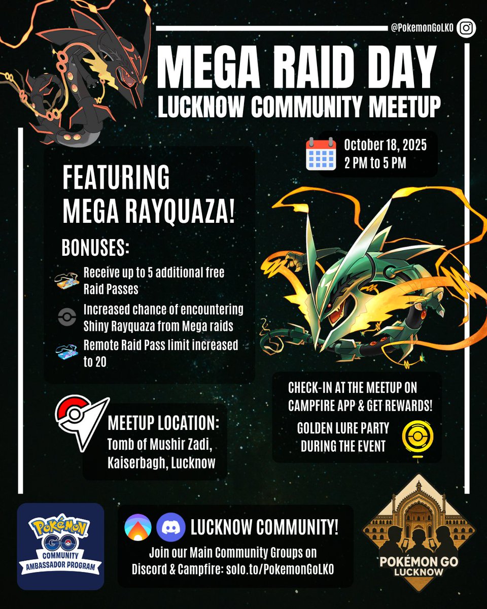 🌟 #MegaRaidDay
🐍 Featuring #MegaRayquaza
👋 Join us at the meetup &amp; get rewards when you
check-in on Campfire: solo.to/PokemonGoLKO
 #Rayquaza