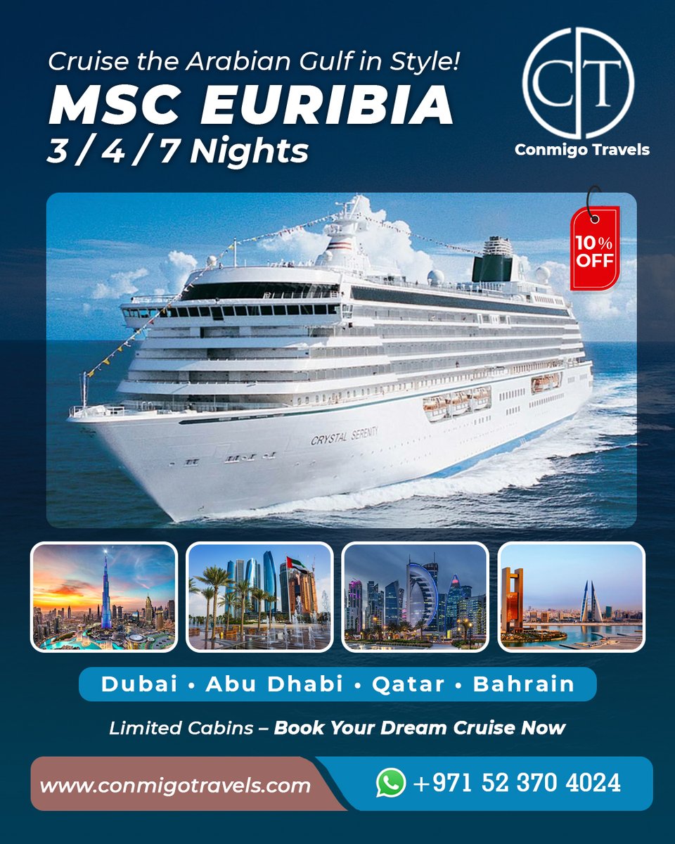 conmigotravels's tweet image. 🚢 Sail Dubai | Abu Dhabi | Qatar | Bahrain with MSC Euribia 🌊
3/4/7-night luxury cruises ✨ 10% OFF!
📞 +971523704024  
🌐 conmigotravels.com
📧 info@conmigotravels.com
#CruiseLife #MSCeuribia #TravelNow