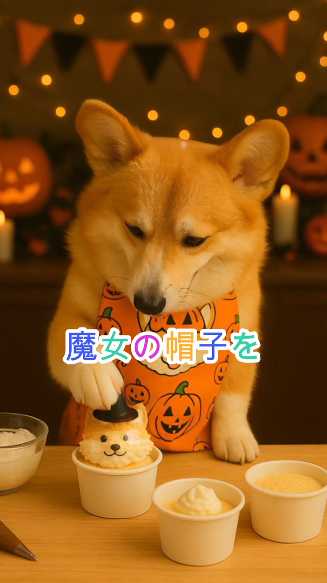 MrPOKU2's tweet photo. 🎃🧁 魔女ももたんのプチケーキ完成✨

ふわふわホイップで自分の顔を作って、
ちょこんと魔女帽子をのせたらできあがり🎩🍰
甘くて魔法みたいな、ももたんのハロウィンスイーツ🪄✨
10/25(土) 20:00公開🎬
#もものすけ #ハロウィンスイーツ #corgi #ももたんスイーツ #trickortreat 
動画はこちら↓
https://t.co/5NbMhmvc3h
🧁 Witch Momo’s Mini Cake is ready! 🎃✨
Our fluffy corgi chef made a magical Halloween dessert
with whipped cream and a tiny witch hat! 🪄💛
Premieres on Oct 25, 8PM JST 🧁
#Momonosuke #Corgi #Halloween #CuteCorgi #WitchMomo #TrickorTreat