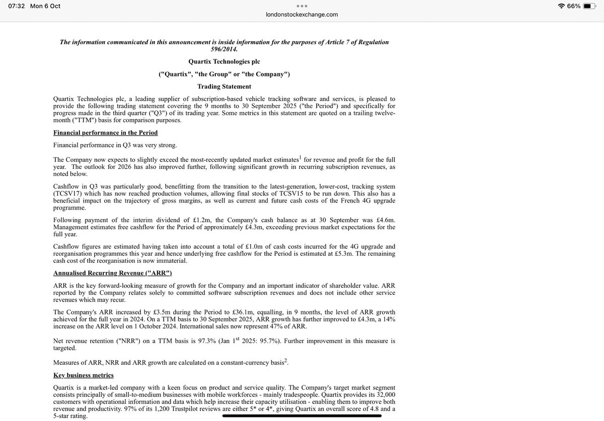 #QTX Andy keeps delivering👏🏼
Strong Q3 raises guidance again so that’s an exceed the exceeded expectations🙃
Cash nicely up £4.3m
“Accelerated growth in ARR, reduced manufacturing cost and continued emphasis on overhead efficiency have led to a further improvement in the outlook”