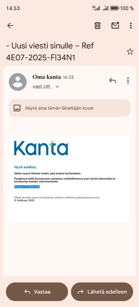 ⚠️ OmaKanta-huijaukset jatkuvat laajassa mittakaavassa.

Uusimmassa huijausviestissä näkyi alareunassa jopa "© Veikkaus 2025”, samaa viestipohjaa kierrätetään eri nimissä.

Älä klikkaa linkkejä, kirjaudu aina itse OmaKantaan.

Lataa Kilpi: Android: bit.ly/stml-kilpiiPho…: