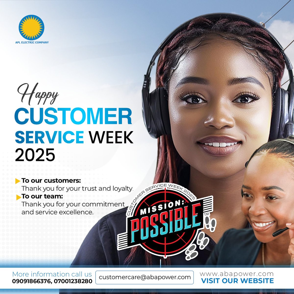 Dear Valued Customer, 

Happy Customer Service Week!

At Aba Power, Mission: Possible isn’t just a theme — it’s our everyday drive to serve you better. 

Thank you for trusting us as we keep powering progress across homes and businesses in Aba.

#CustomerServiceWeek #AbaPower