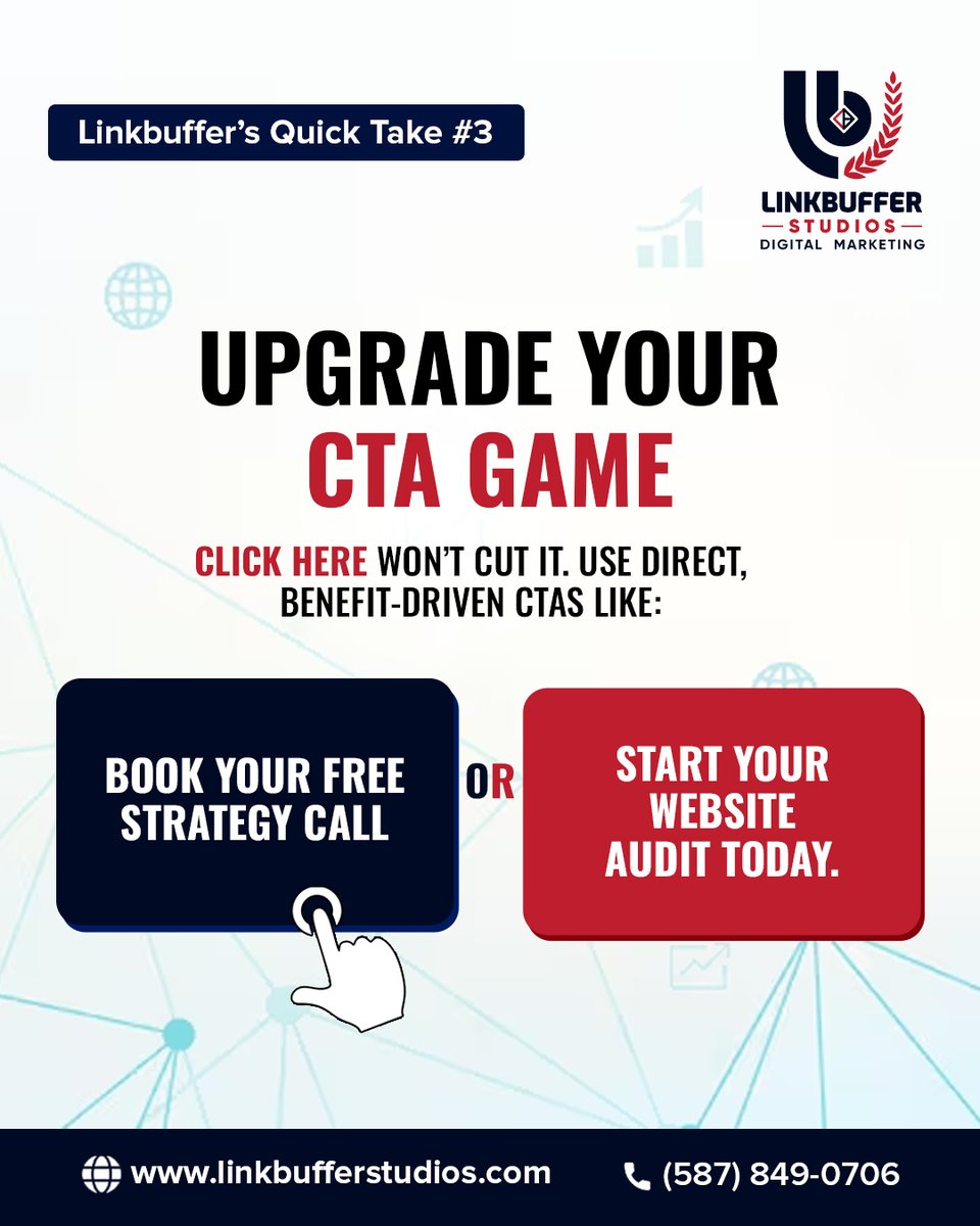 linkbuffer's tweet image. Weak CTAs like “Click here” won’t convert.
Use action-driven ones like “Book your free strategy call” or “Start your website audit today.”
Boost clicks and conversions with Linkbuffer Studios!
📞 (587) 849-0706 | 🌐 linkbufferstudios.com
#Linkbufferstudios #DigitalMarketing