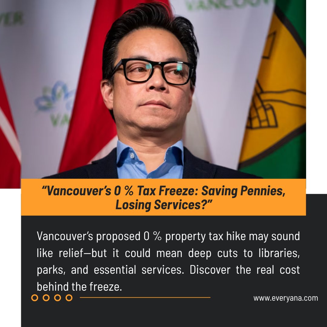 everyanaworld's tweet image. Vancouver’s “0 % tax freeze” may win votes—but could cost public services. 💸🏙️
What’s the real price of a zero hike?
🔗 everyana.com/zero-tax-hike-…
#Vancouver #KenSim #CityBudget #TaxFreeze #PublicServices #UrbanPolitics #ZeroTaxHike #LocalNews