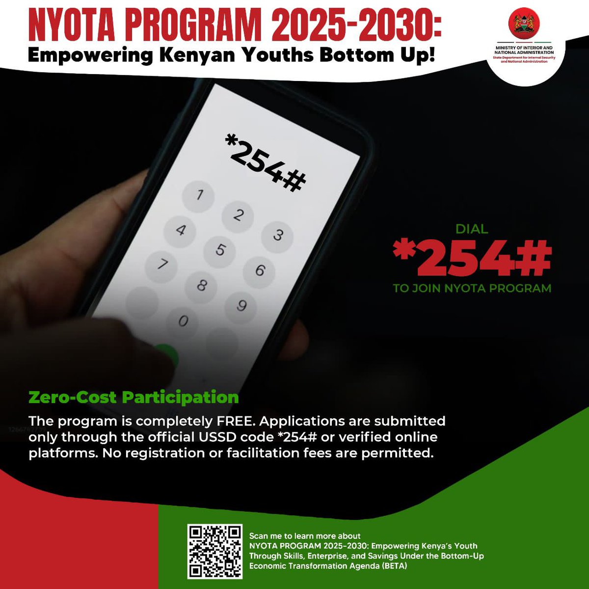 Mucombamacharia's tweet photo. NYOTA participation is completely FREE. Apply only through the official USSD code *254# or verified online platforms. No registration or facilitation fees are permitted. Digital oversight through eCitizen ensures transparency and accountability. #NYOTAMtaani https://t.co/OmwrXdGkGD