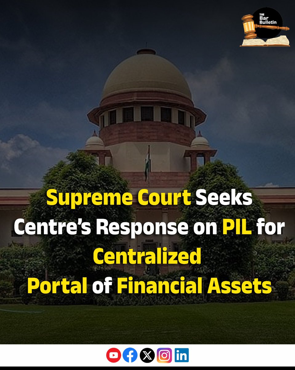 thebarbulletin's tweet image. Supreme Court Seeks Centre’s Response on PIL for Centralized Portal of Financial Assets

Read More Here- thebarbulletin.com/supreme-court-…

#SupremeCourt #AccountHolderRights #AssetTracking #CitizenRights #CourtHearing #DigitalAssets #FinancialAssetsPortal #FinancialInclusion…