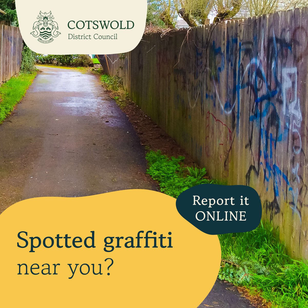 Did you know that you can report graffiti online ⁉️

Vandalism, which can be hazardous to health and harmful to the climate when aerosols are used.

It is also a criminal offence and can led to a fine of up to £500. 💰

Report it here👉 cotswold.gov.uk/graffiti