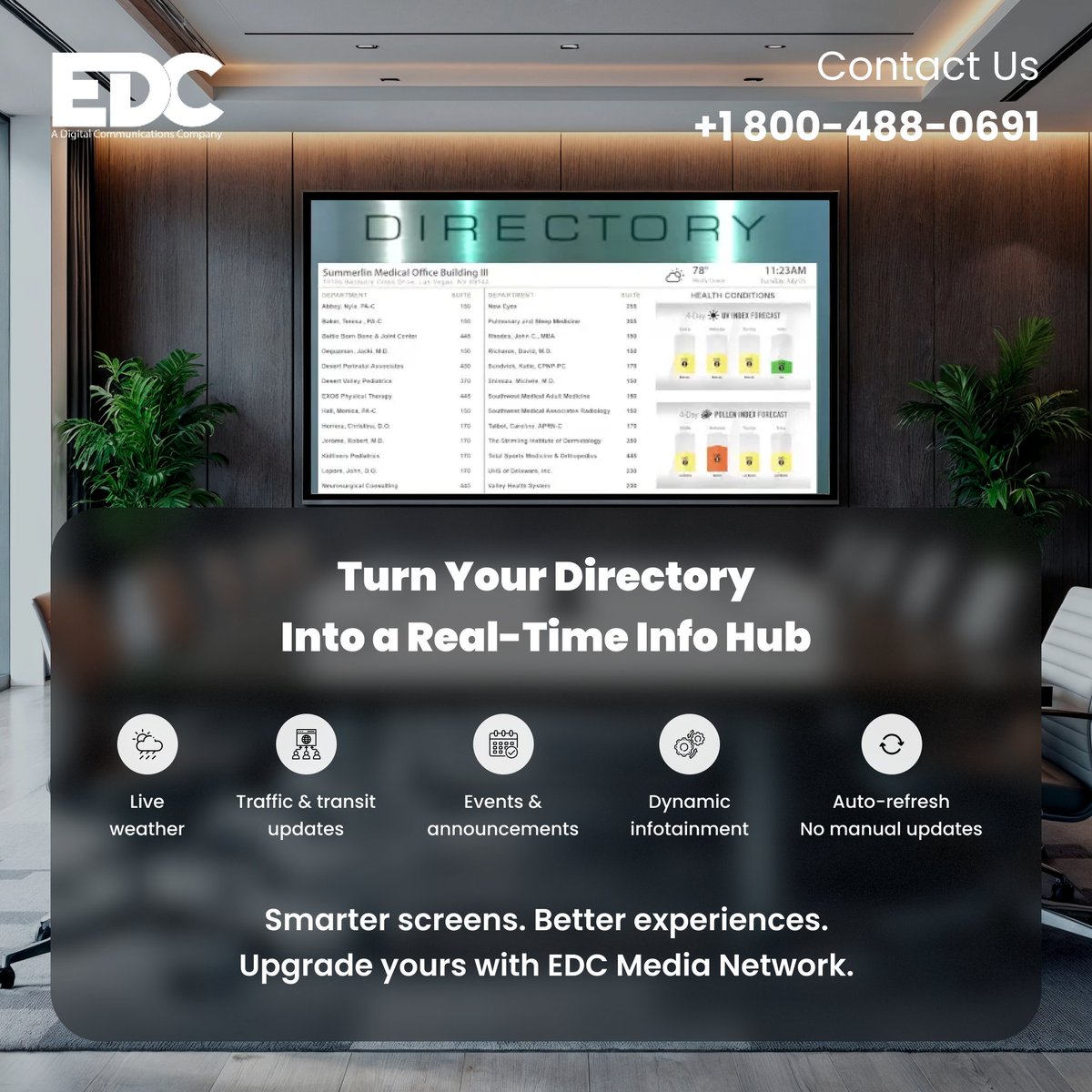marketingedc35's tweet image. Turn your digital screen into a smart info hub.
Live weather, traffic, events—auto-refreshed.
Smarter screens = better experiences.
📲 Upgrade with EDC Media Network—link in bio.

#SmartSignage #DigitalDirectory #EDCMediaNetwork #FacilityTech #HospitalSignage #ModernFacilities