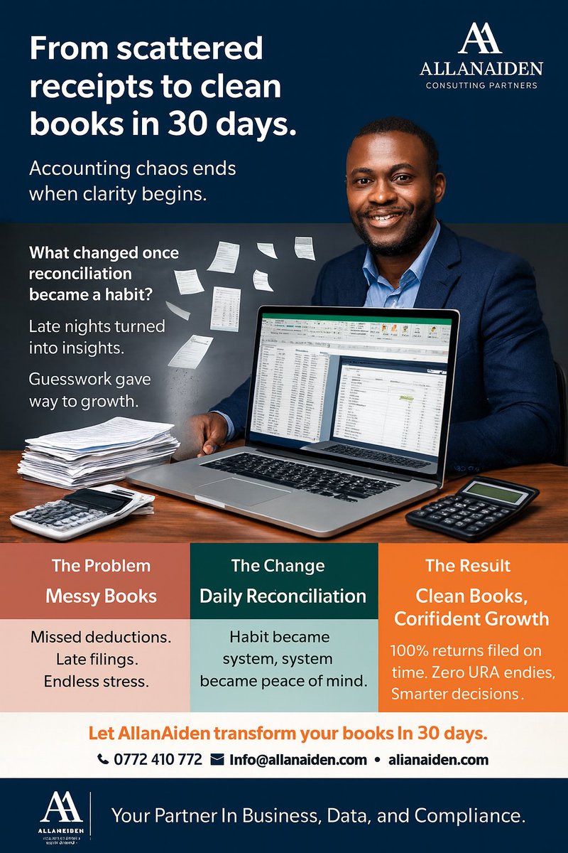 allanaiden's tweet image. From scattered receipts to clean books in 30 days.
Because reconciliation isn’t paperwork—it’s peace of mind.
 #CleanBooksUg #AllanAiden #SmartCompliance #FinancialClarity