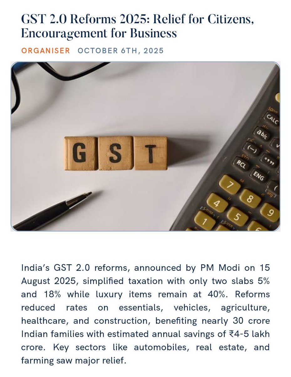 GST 2.0 Reforms 2025: Relief for Citizens, Encouragement for Business
organiser.org/2025/10/05/319… 

via NaMo App