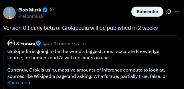geek_fund's tweet image. 🚨 Elon Musk says xAI will roll out the early beta of its Wikipedia rival, Grokipedia, in just 2 weeks.

He calls it the fix for “falsehoods” and “half-truths.”
Version 0.1 is almost here 👀