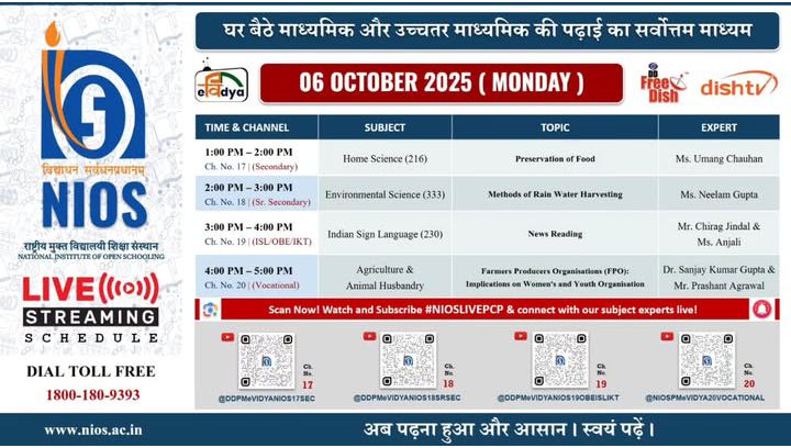 FoundationMimt's tweet image. 🎥 NIOS Live Classes Schedule - 6 Oct 2025 (Monday) 

📚Subjects Today 
• Home Science (216)
• Environmental Science (333)
• Indian Sign Language (230) 
• Agriculture and Animal Husbandry 

📺 Watch LIVE on PMeVidya Channels 17 - 20 

#NIOSLive #OnlineLearning #PMVidya