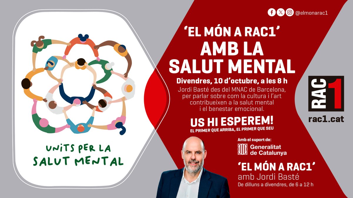 elmonarac1's tweet image. 📻 PROGRAMA ESPECIAL📻

🎙 @elmonarac1 des del @MuseuNac_Cat en el Dia Mundial de la Salut Mental 

📆 Aquest divendres, 10 d&apos;octubre, a partir de les 9h

📍 Sala de la Cúpula del MNAC