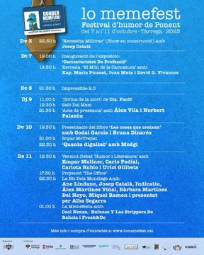 🤣 #Tàrrega es converteix en la capital de l'humor amb la celebració de <a href="/lomemefest/">Lo Memefest</a> 

🎭 Monòlegs, xerrades, teatre, improvisació, concerts i exposicions formen part de l'ampli programa fins a l'11 d'octubre

🎟️ Últimes entrades disponibles per a <a href="/Modgi/">Magí</a>

ℹ️tarrega.cat/cultura/esdeve…