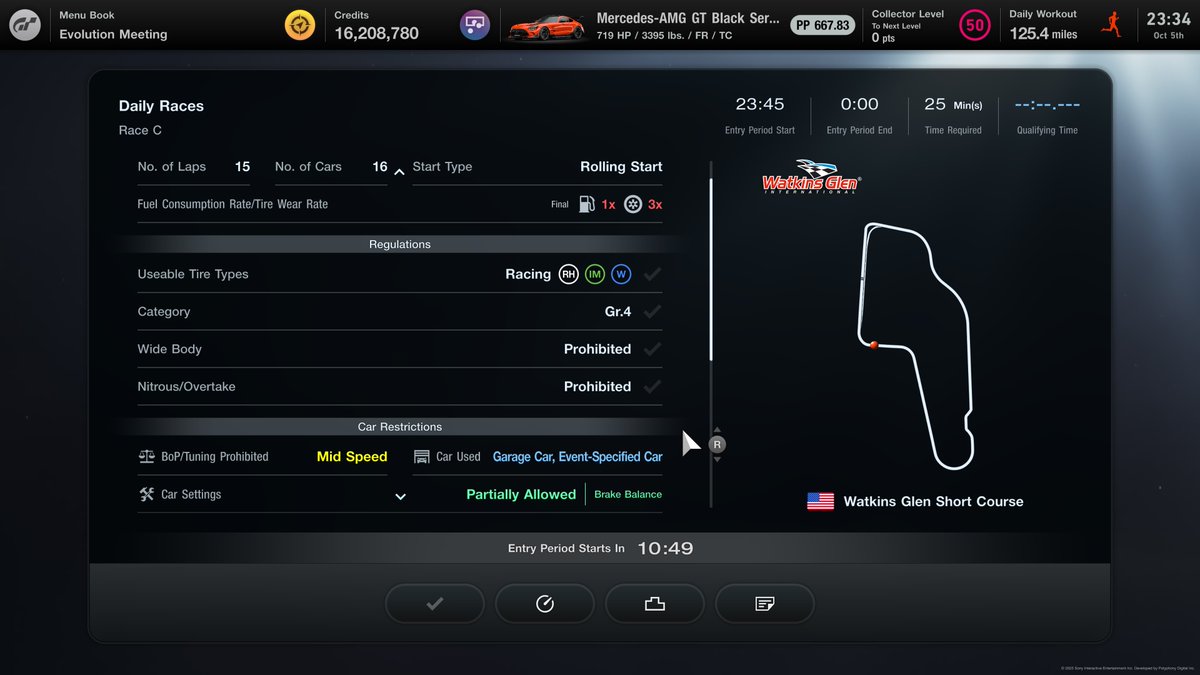 #GT7 #GranTurismo7 New Daily Races:
A: Daytona Tri-Oval, Plymouth Superbird
- Pre-tuned. Rentable cars only.
- DR and SR off

B: Spa 24h, Gr. 3
- Brake Bias (BB) on

C: Watkins Glen Short, Gr. 4
- Mandatory Pit Stop: 1
- Brake Bias (BB) on