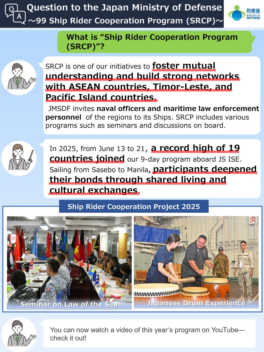 ModJapan_en's tweet image. /
📢 Understand at a glance about #JMOD/#JSDF
\
#JS_ISE & #JS_SUZUNAMI are back!
What’s the Ship Rider Cooperation Program (#SRCP)?
Full video here👇
youtu.be/f5d8joFmyBs?si…
#IPD25 #FreeandOpenIndoPacific