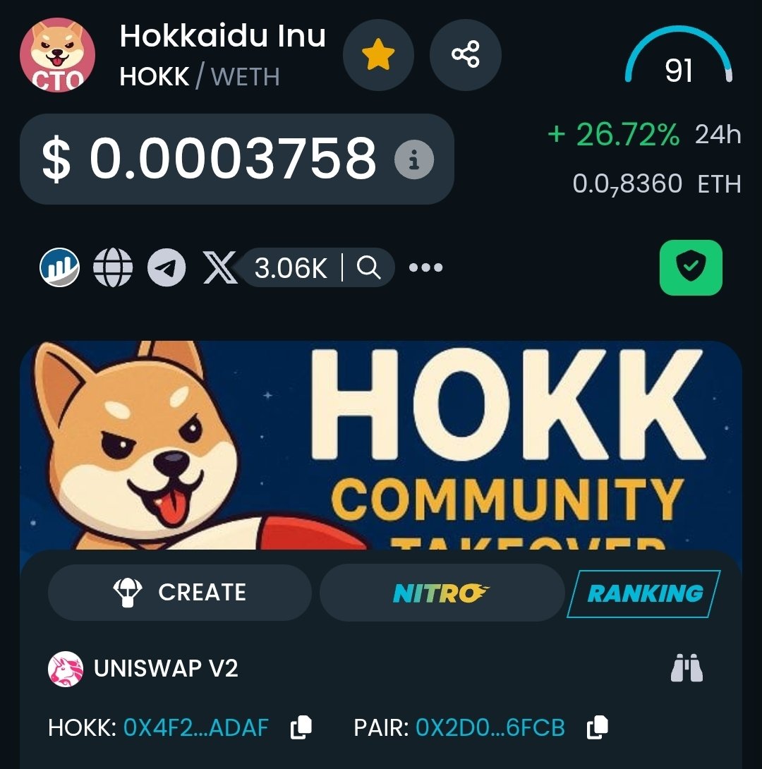 HokkArmyERC's tweet image. HOKK CTO Phase 1 Complete 👑🍾🥂!

✅️ DEXTools and Dexscreener updated!
✅️ New Hokk Army TG account!
✅️ New website created!
✅️ CMC and CG paid!
✅️ Contract renounced and liquidity burnt!
✅️ Run by the community, for the community!

Join us - altseason 2025 🎉🎊🎆🎑!