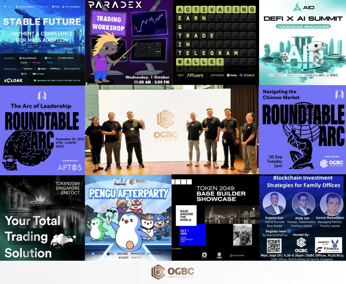 OGBCGroup's tweet photo. What a week it has been at #OGBC during TOKEN2049 Singapore 2025 🇸🇬
From roundtables and workshops to showcases and afterparties, our hub brought together builders, founders, investors, and innovators from every corner of Web3 🚀
A huge thank you to all the organizers and partners — @pudgypenguins, @paradex, @opensea, @WalrusProtocol, @LOLLandGame, @AbstractChain, @KASTcard, @gacha_game_, @arcthecommunity, @AffluentOrg, @wallet_tg, @ston_fi, @base, @getfailsafe, @jessepollak, @TechFlame_News, @feixiaohaocom, @MetaEraHK, @Modjo_me, @W3WOfficial, @myDeFiTalks, @QuantTechX_, @awscloud.
We’re proud to have been the home for some of the most dynamic gatherings of the week — and to showcase why OGBC is the go-to hub for professional, high-impact events in Singapore.
We look forward to hosting you again — bigger, bolder, and better 🔥
Stay connected with #OGBC for more event updates!