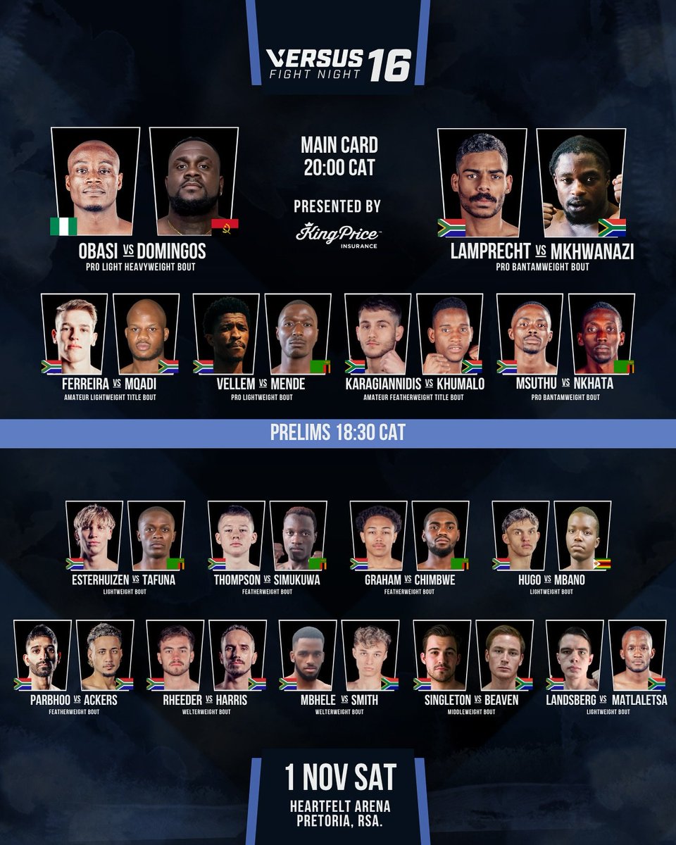 What a way to finish 2025
Your Versus Fight Night 16 fight card!
Get your tickets <a href="/itickets/">iTickets</a> RIGHT NOW!
itickets.co.za/events/483796