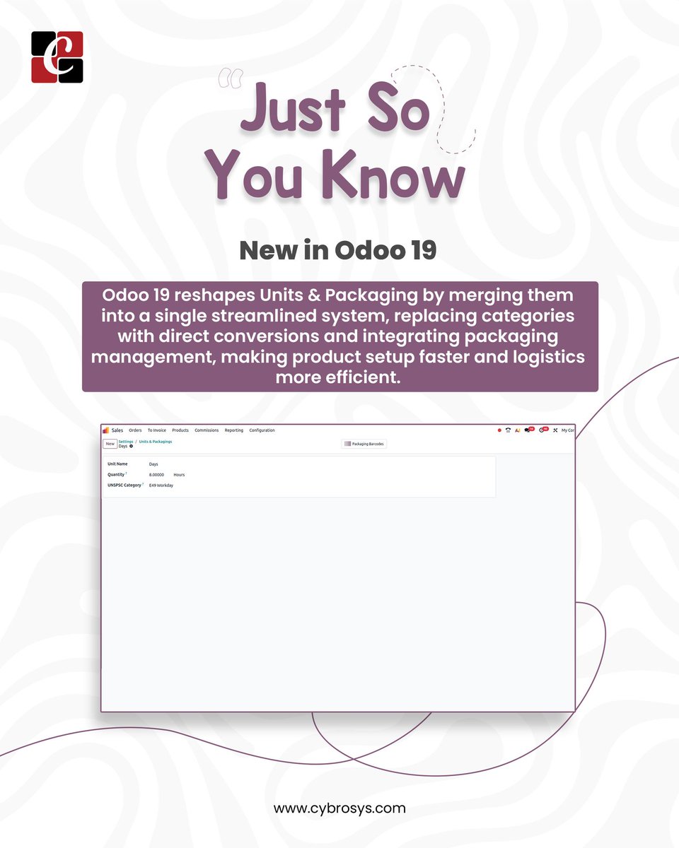 Cybrosys's tweet image. Stop juggling units and packaging! 👋

Odoo 19 unifies product setup into one system. Get accurate conversions and launch new products faster. A huge win for your workflow!

🔗 Details here: cybrosys.com

#OdooERP #WorkflowAutomation #SupplyChain #ProductConfig