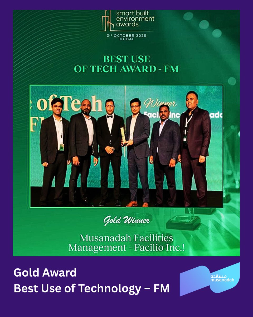 Musanadahfm's tweet image. We’re proud to celebrate major award win! 🏆

At the Smart Built Environment Forum &amp;amp; Awards 2025 in Dubai, #Musanadah, together with our #CAFM partner @FacilioInc, was honoured with the Gold Award for Best Use of Technology – FM.

#FacilitiesManagement 
#SaudiArabia
#SBEA2025