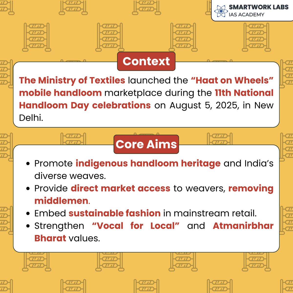Smartwork_Labs's tweet image. 🧵 Govt launches Haat on Wheels — a mobile handloom marketplace showcasing 116 regional weaves, empowering weavers &amp;amp; promoting sustainable, “Vocal for Local” fashion.
#HaatOnWheels #NationalHandloomDay  #UPSC2027 #UPSCPreparation #SmartworkLabs #UPSCMotivation #HandloomIndia