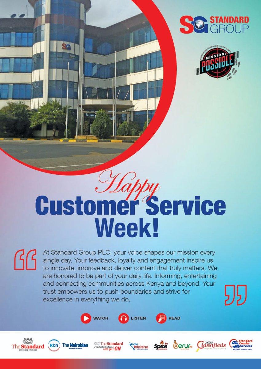 StandardGroupLc's tweet image. Happy Customer Service! At the heart of what we do is you, our valued customer. Your trust means everything to us. As we celebrate Customer Service Week, The Standard Group PLC expresses heartfelt gratitude for choosing us. We&apos;re honored to serve you! #customerserviceweek2025