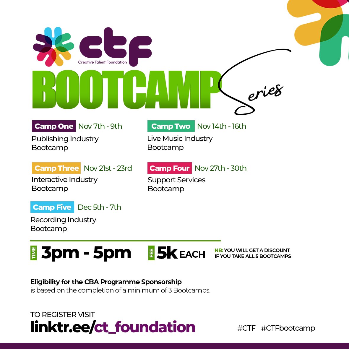 Registration is NOW OPEN for the Creative Talent Foundation Bootcamps (formerly CIIFA Bootcamps).

Completing at least three bootcamps or more makes you eligible for a scholarship to the Creative Business Academy for Africa.

Register here: linktr.ee/ct_foundation